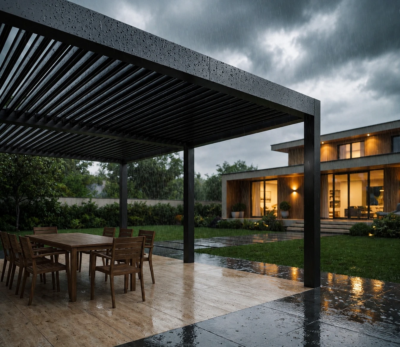 VENTO — rainy terrace. Cinematic recreation of the catalog view.