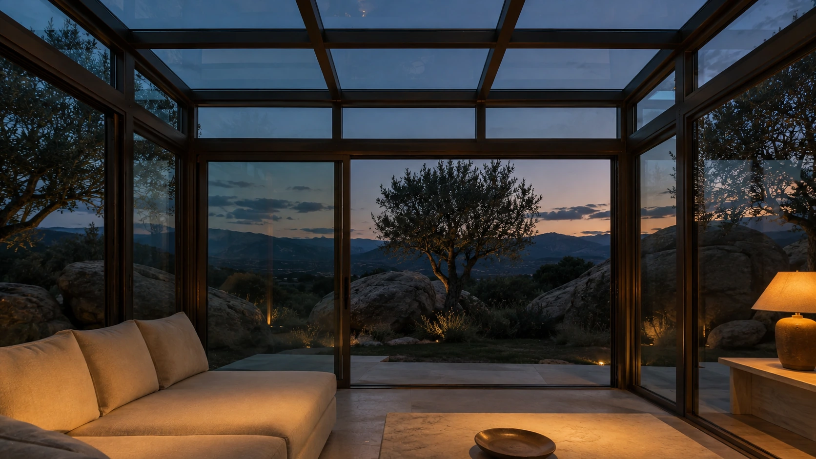 Inside a LUMINA glass pavilion looking through an open glazed threshold toward an olive tree and mountains at dusk.