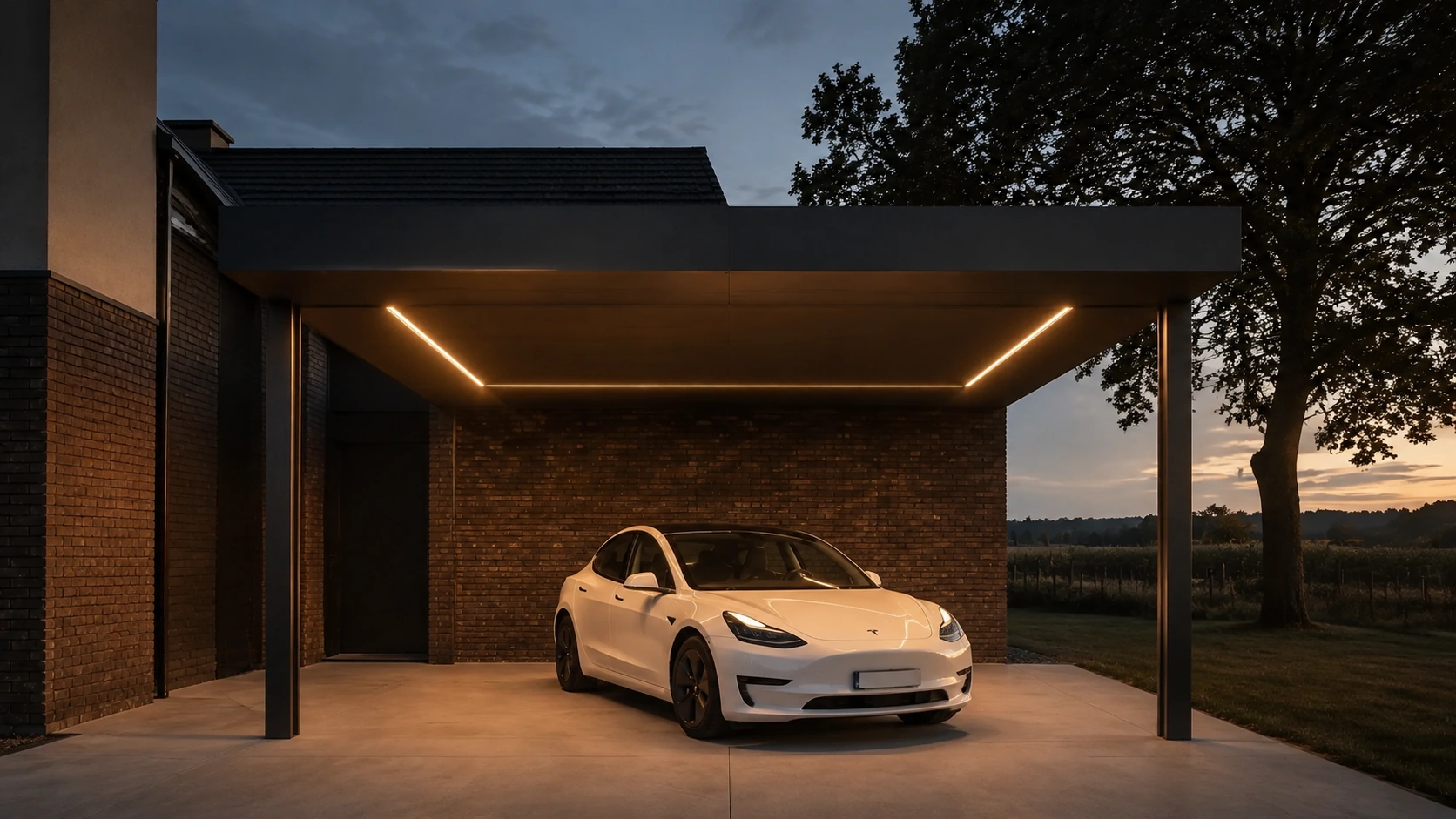 Near-frontal VELOX concept view with a white car beneath a solid roof, square outer supports and inset perimeter lighting.
