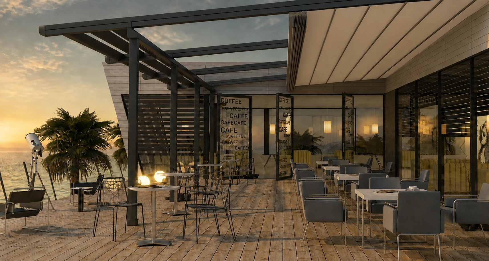 A seaside cafe beneath TEXTURA’s taut fabric roof, with front-to-back support profiles aligned with the gathered retracting section.