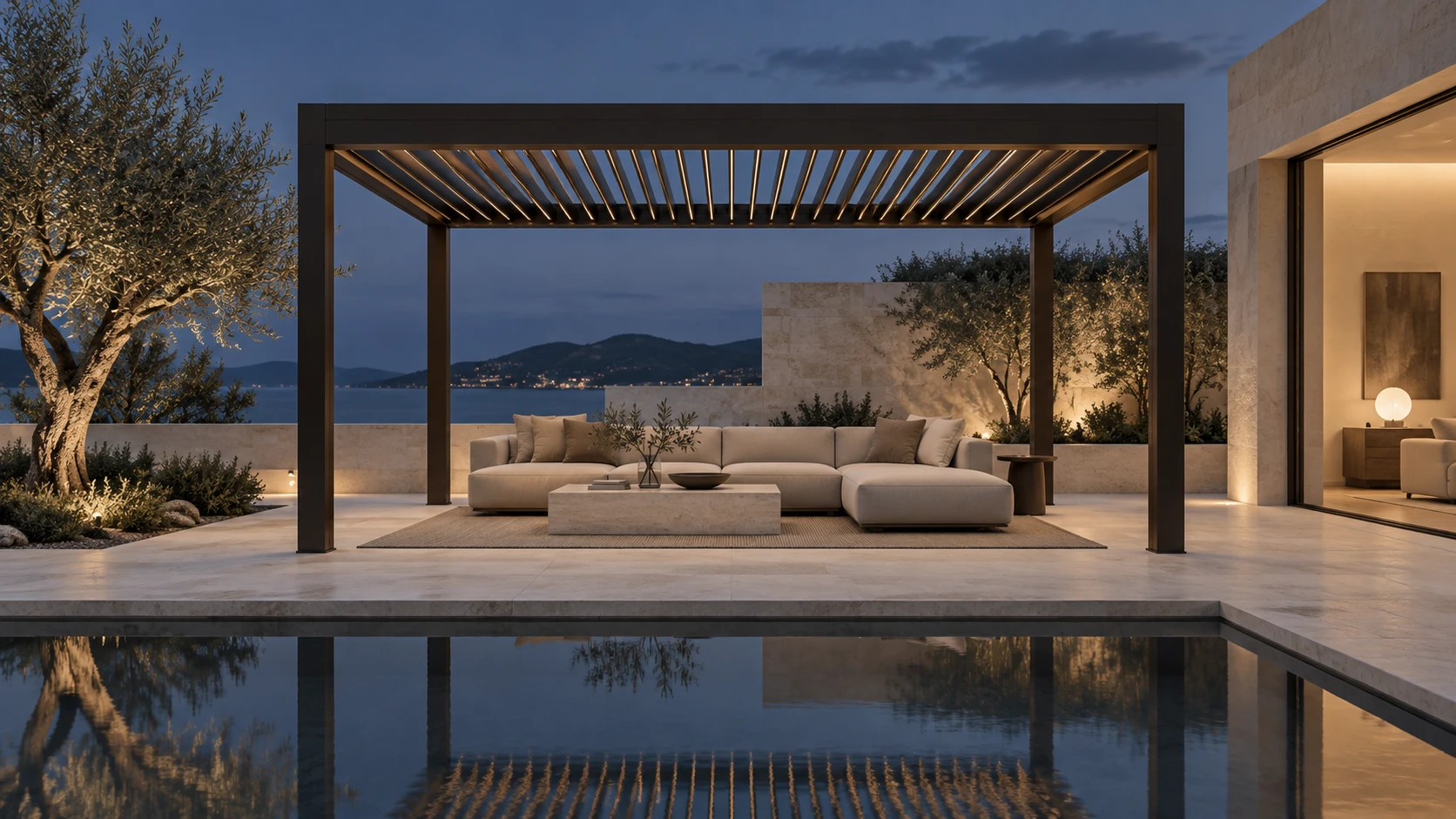 VENTO architectural concept visualization. A dark bronze louvered pergola frames a quiet courtyard, still water and a distant shoreline at blue hour.