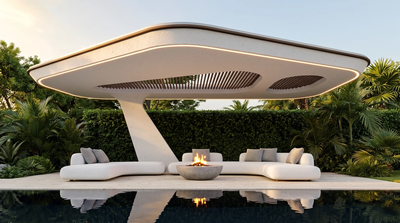 VERSA. Sculpted fixed canopy with a curved edge and central support beside a reflecting pool.