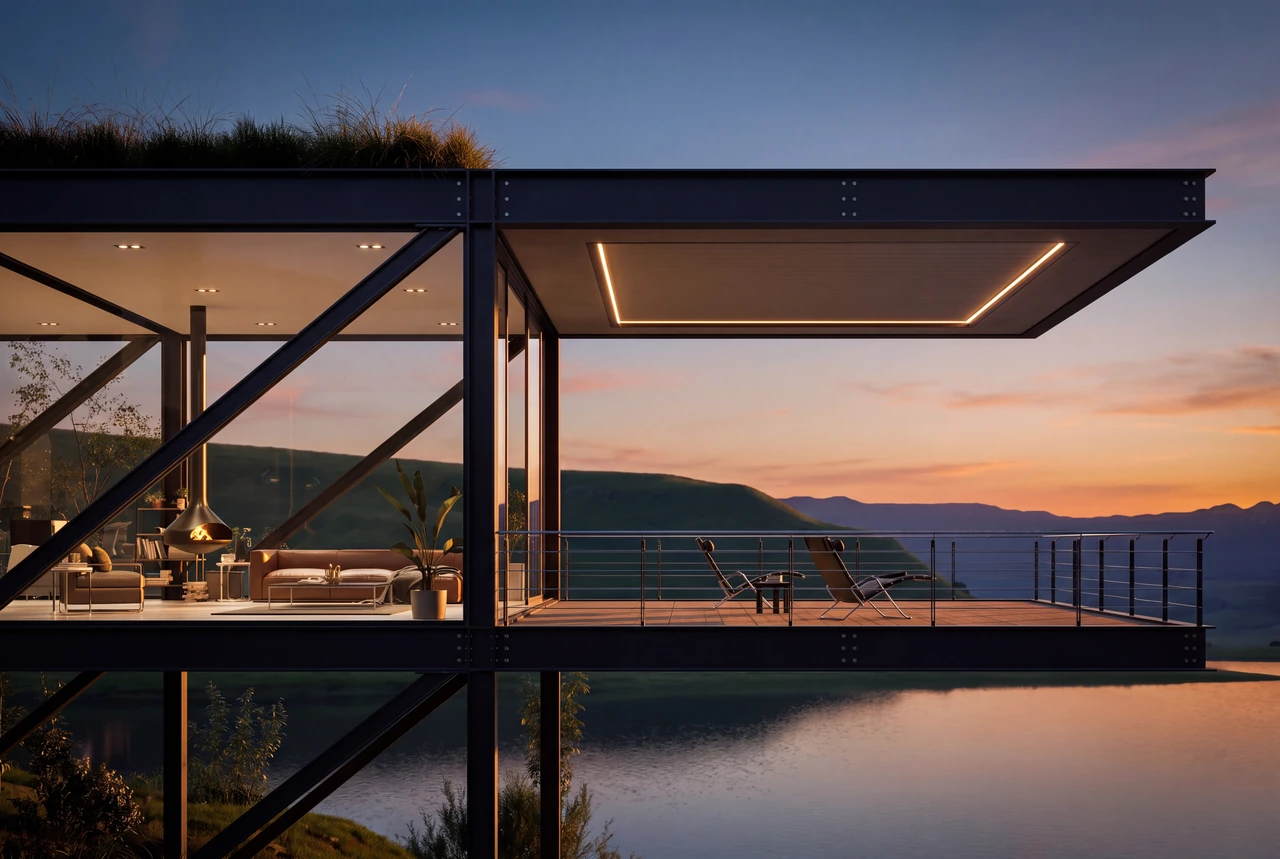 VERSA. A dark braced architectural frame and sheltered terrace above a lake at sunset.