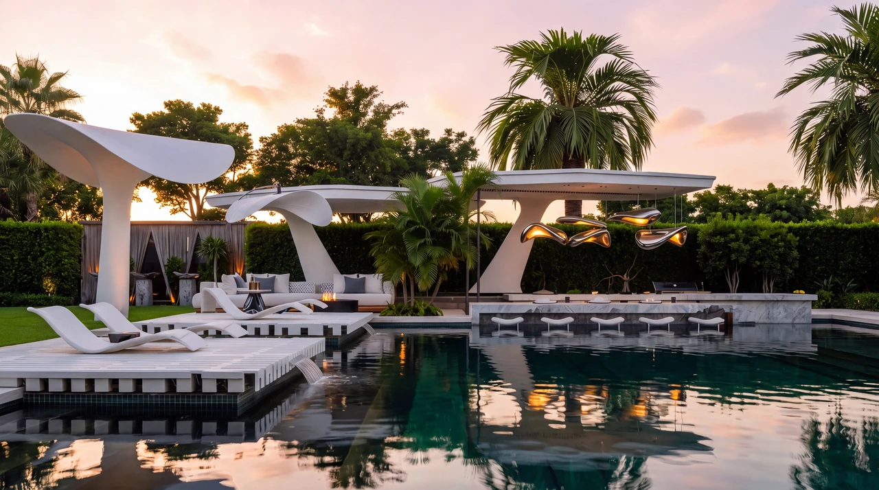 VERSA. Sculpted fixed canopies around a pool with lounge chairs and tropical planting.