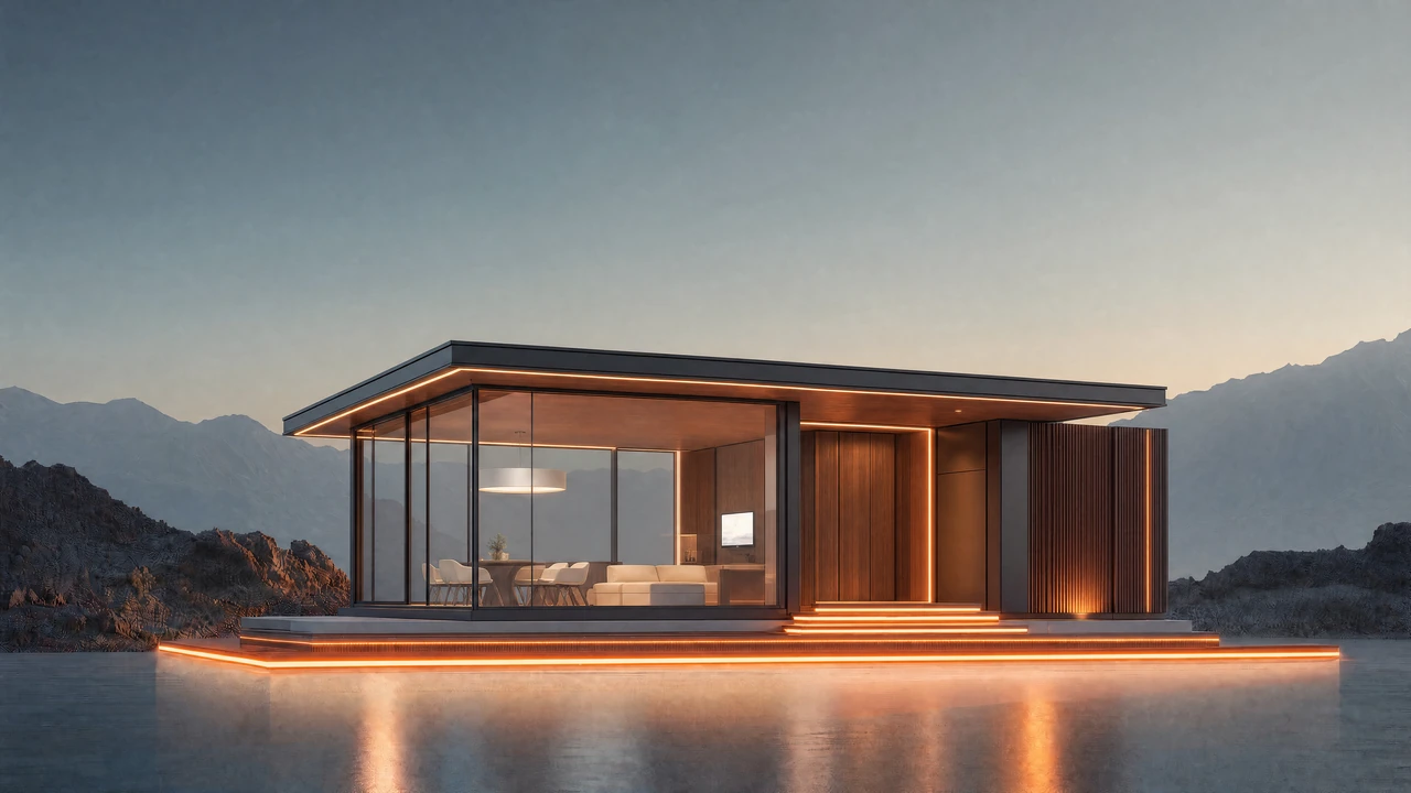 VERSA. A glazed pavilion with a fixed roof and sheltered terrace in a mountain landscape.