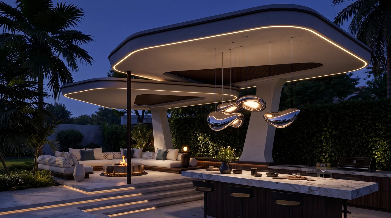VERSA. Curved fixed canopies and sculpted supports above an outdoor kitchen and lounge.