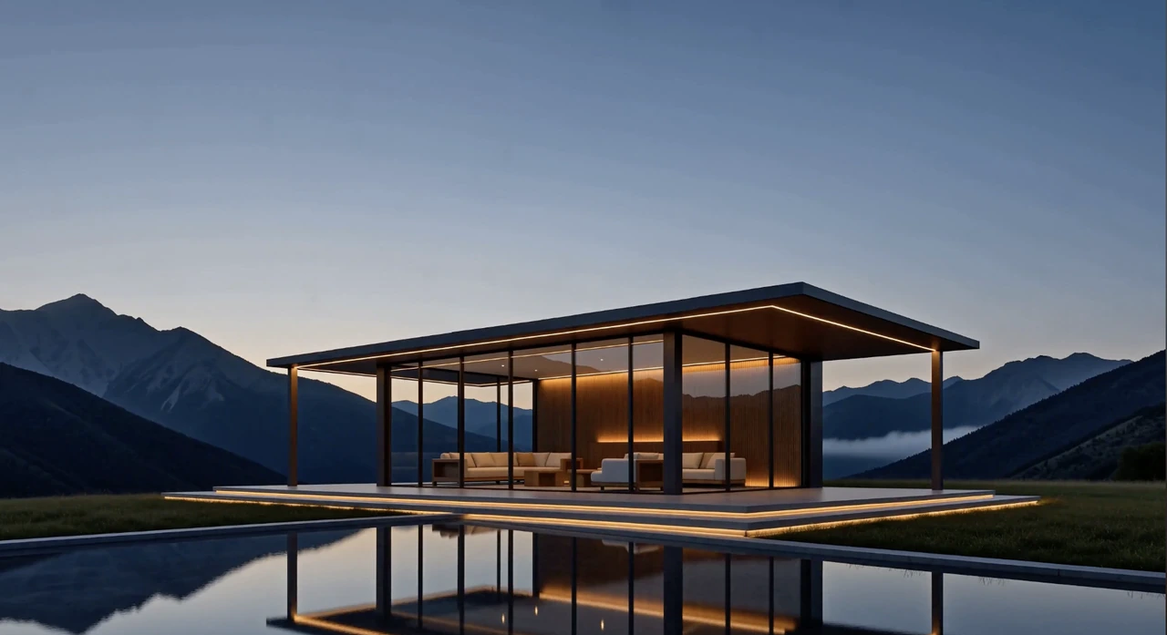 VERSA. A glazed fixed-roof pavilion and reflecting pool against a mountain backdrop.