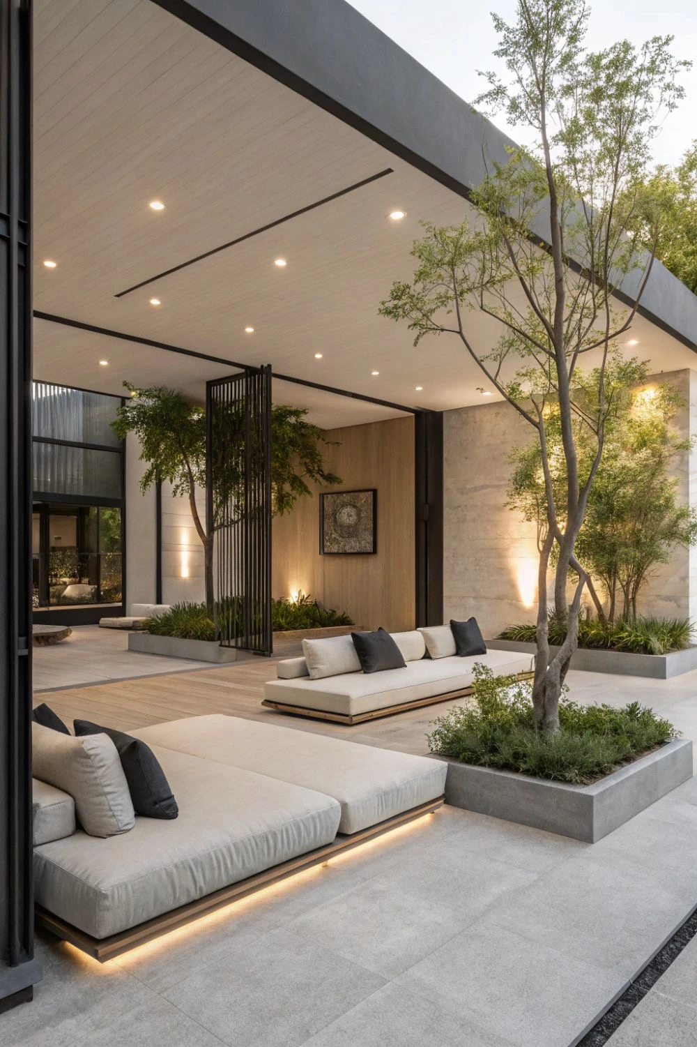 VERSA. A furnished courtyard beneath a pale fixed soffit with recessed lighting.