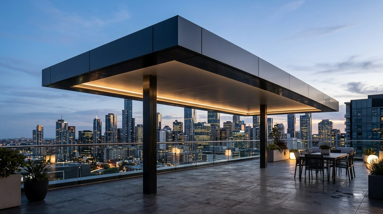 VERSA. A dark fixed roof with an opaque soffit and aligned supports above a city terrace.