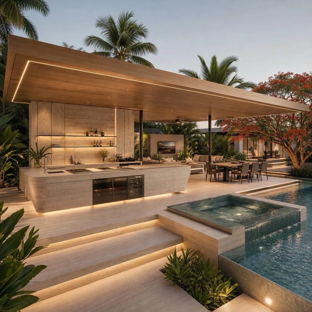 VERSA. A broad timber-soffit canopy above a stone pool kitchen and dining area.