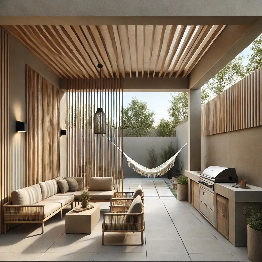 VERSA. A quiet courtyard with a timber roof treatment, slatted screen and outdoor lounge.