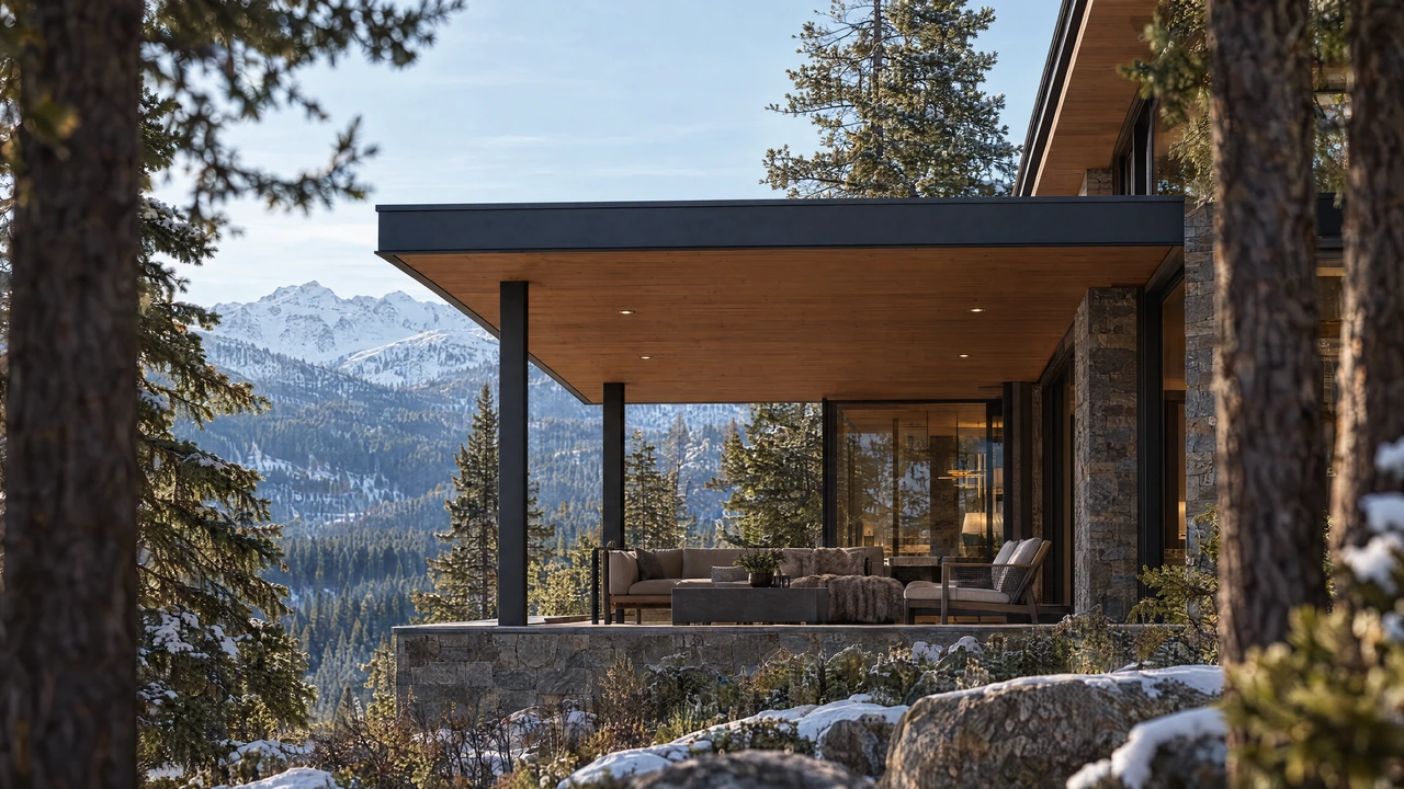 VERSA. A building-connected fixed canopy with front supports above a terrace overlooking alpine forest.