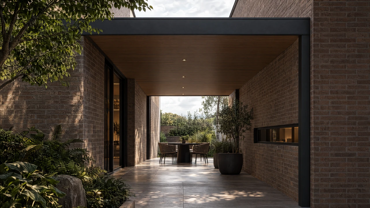 VERSA. A fixed roof connects brick walls above a shaded courtyard dining passage.