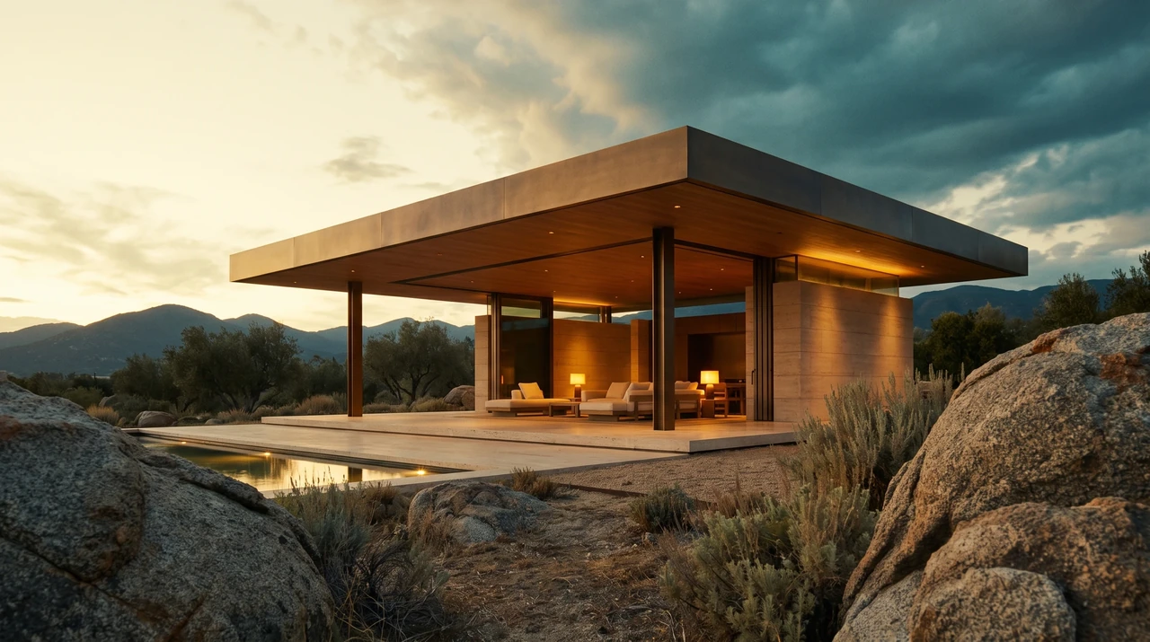 VERSA. A fixed-roof pavilion with a broad fascia and aligned supports in a rocky landscape.