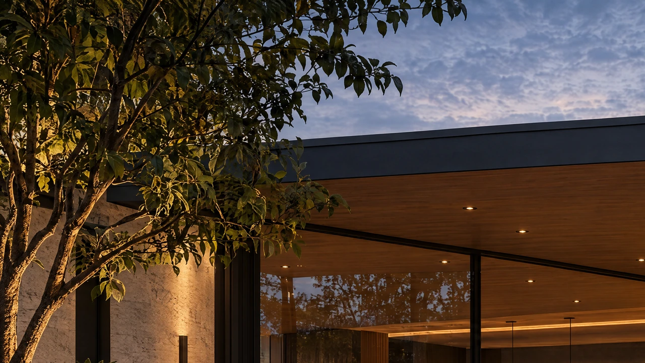 VERSA. A close view of the fixed roof edge and timber soffit above a garden salon.