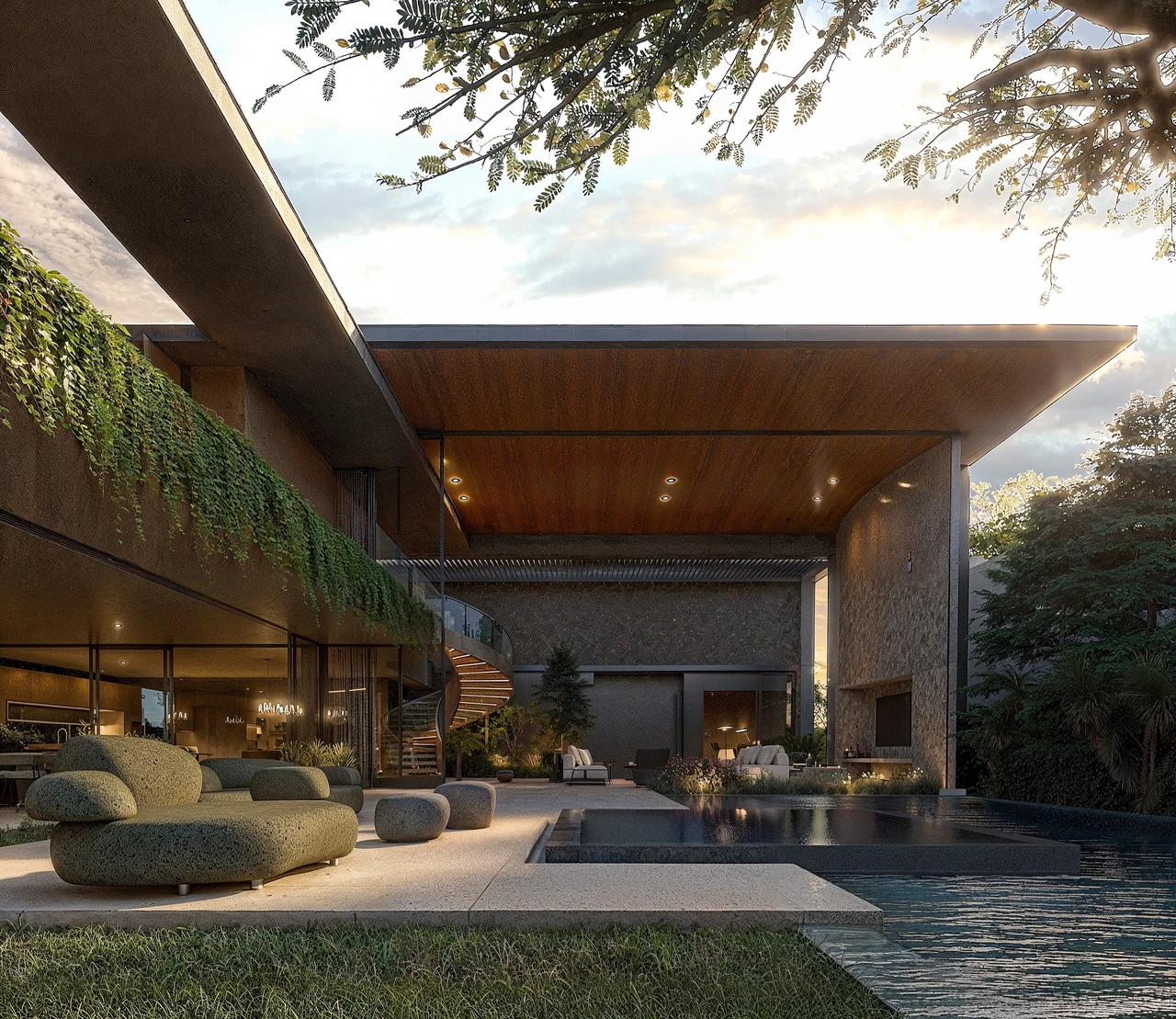 VERSA. A deep fixed roof with a timber soffit shelters a stone courtyard beside water.